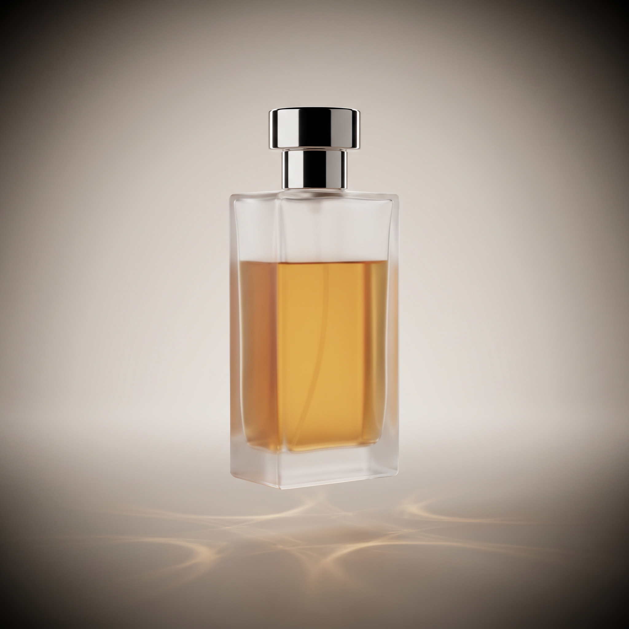 Floating frosted-glass perfume bottle on a warm cream studio background with caustic light below