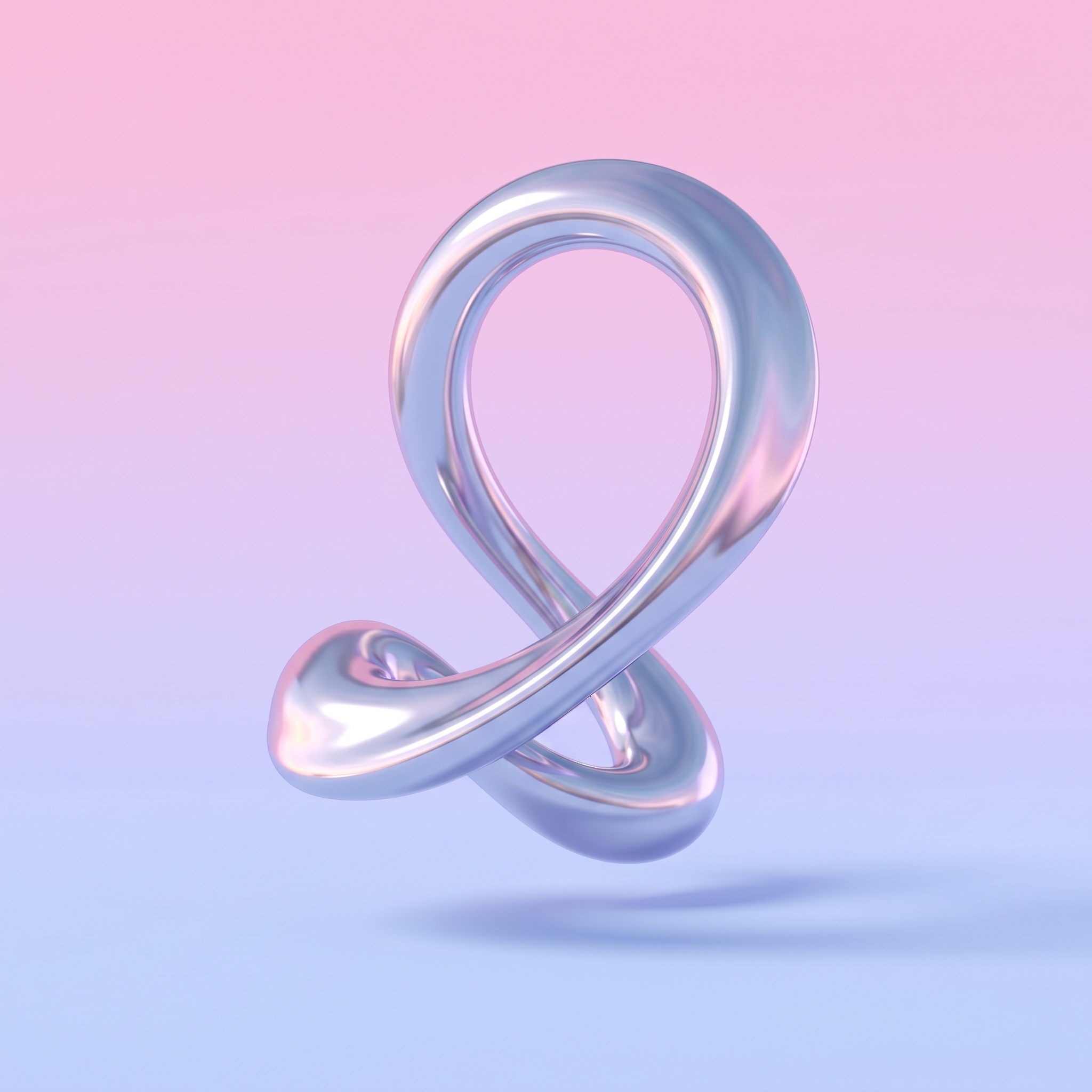 Mirror-polished chrome sculpture twisting upward on a soft pink-to-lavender pastel gradient