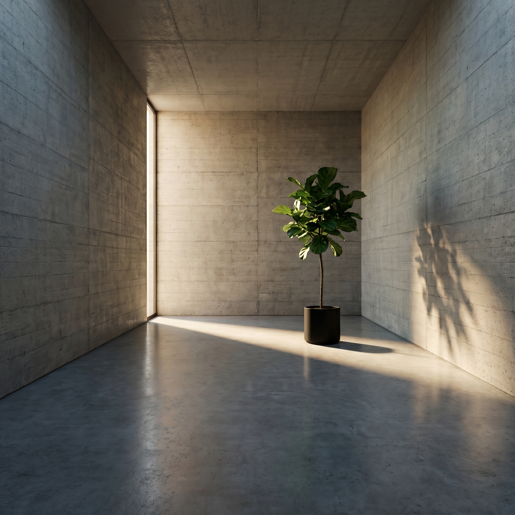 Wide-angle brutalist concrete interior with a slot-window blade of light and a solitary fiddle-leaf fig
