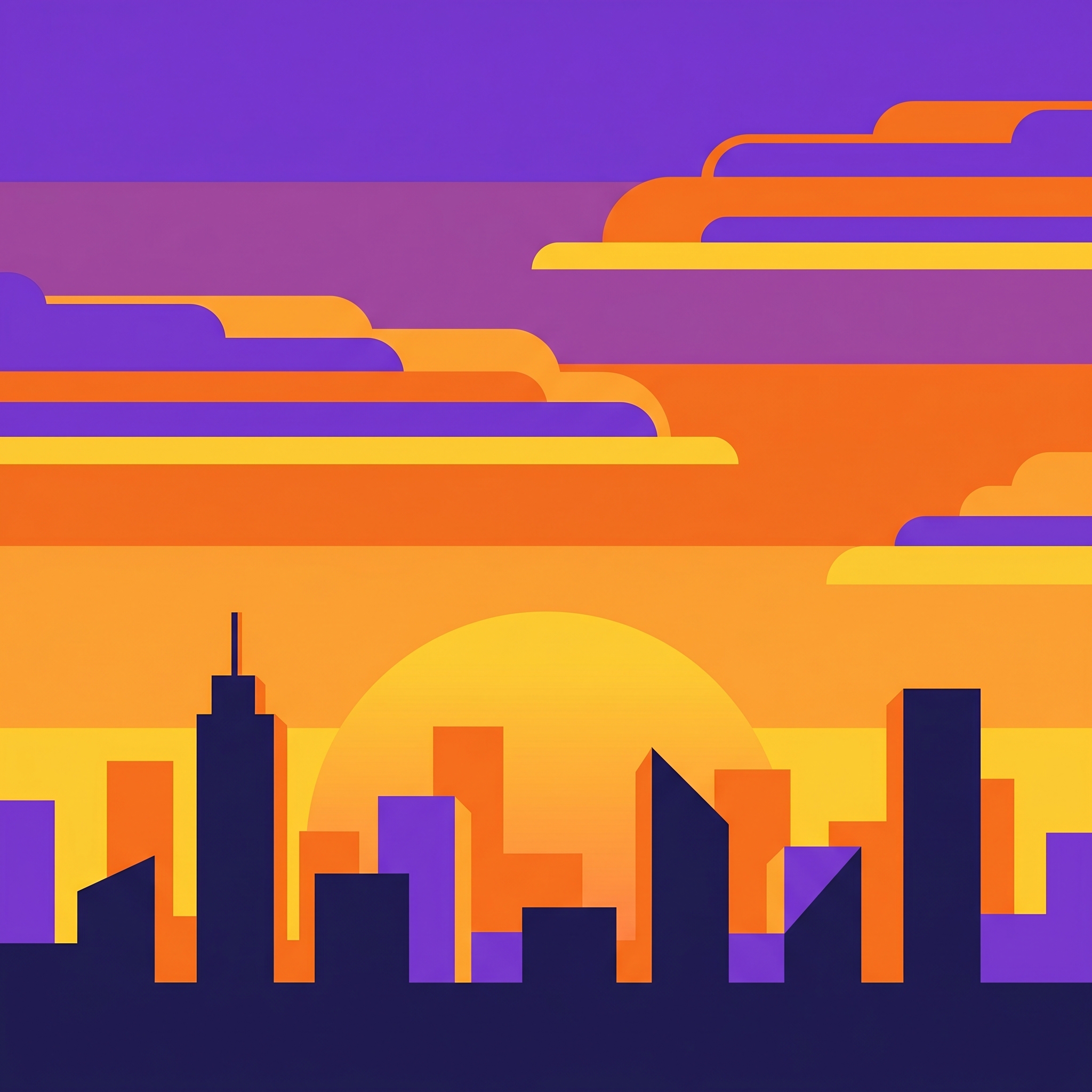 Flat editorial vector illustration of a city skyline at dusk with stacked geometric clouds and a warm sun